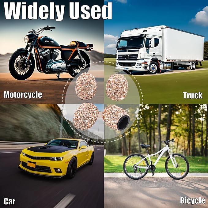 4PCS Bling Crystal Diamond Tire Stem Valve Caps, Dustproof Car Wheel Tire Valve Caps Universal Tire Valve Stem Covers for Cars, SUV, Trucks, Bikes, Motorcycles, Bicycles (Rose Gold)