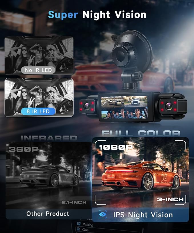 4 Channel 360° Dash Cam Front and Rear Inside Left Right, 3.16 Inch FHD 1080P IPS Dashcam Supports Night Vision, Loop Recording, 24/7 Recording Parking Mode Monitor, Reverse View