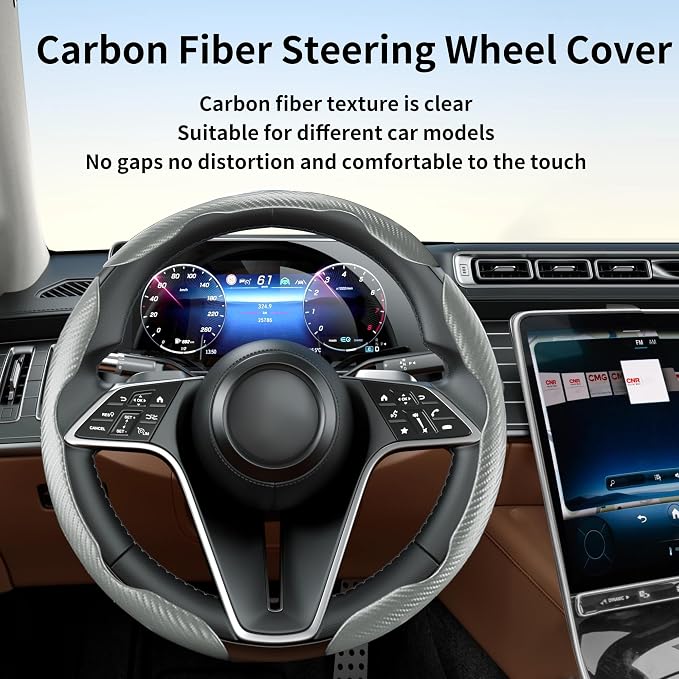 3Pcs Carbon Fiber Steering Wheel Cover Universal Fit 99% Cars | Non-slip soft grip, easy to wipe clean, quick to install, perfect for daily commutes and road trips, Gray