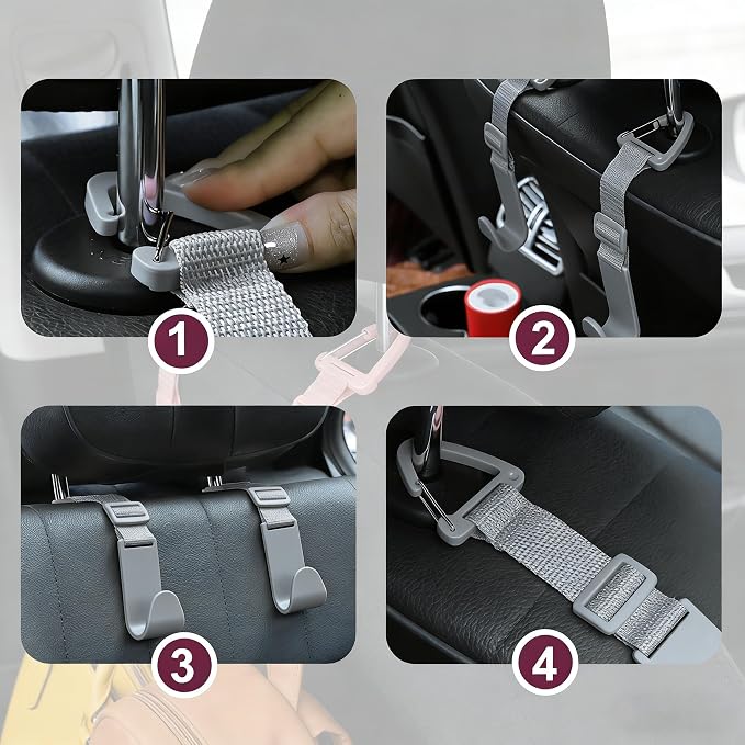 Adjustable 4-Pack Car Headrest Hooks - Universal Seat Back Organizer with Heavy-Duty Clip for Purses, Bags & Groceries Gray