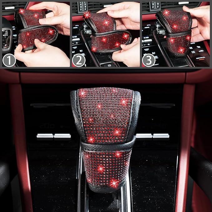 12 Pcs Bling Car Accessories Set for Women Car Floor Mats Full Set Steering Wheel Cover Seat Belt Covers Coasters Universal Fit Car SUV Truck Van Red