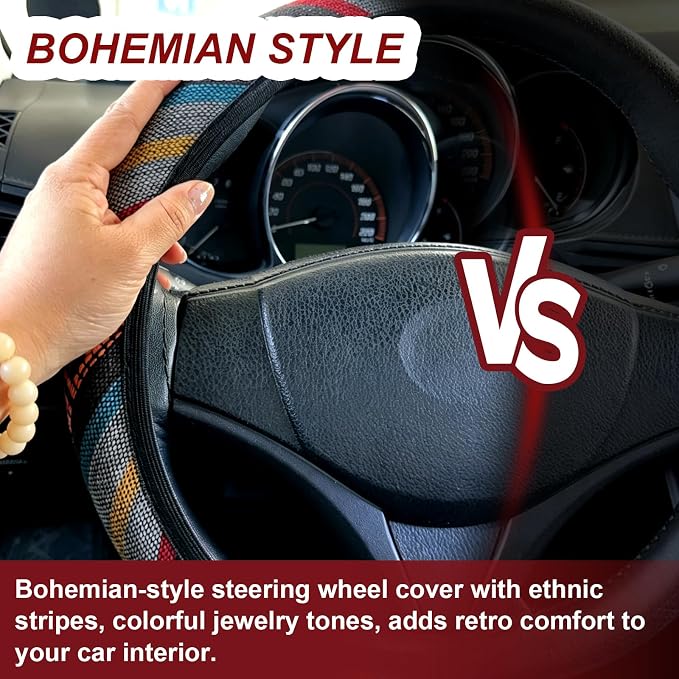 Boho Flax Cloth Steering Wheel Cover, Hippie Baja Blanket Anti-Slip Breathable Protector, Universal Fit 14.5-15 Inch for Cars SUV Van Truck, Women Car Interior Accessories (Style C)