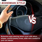 Boho Flax Cloth Steering Wheel Cover, Hippie Baja Blanket Anti-Slip Breathable Protector, Universal Fit 14.5-15 Inch for Cars SUV Van Truck, Women Car Interior Accessories (Style C)