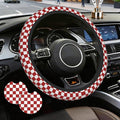 Checkered Steering Wheel Cover,Red White Checkered Universal 15" Elastic Car Steering Wheel Cover with 2 PCS Car Coasters,Anti-Slip Breathable Accessories for Auto,SUVs,Truck