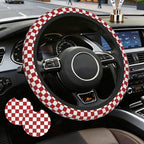 Checkered Steering Wheel Cover,Red White Checkered Universal 15" Elastic Car Steering Wheel Cover with 2 PCS Car Coasters,Anti-Slip Breathable Accessories for Auto,SUVs,Truck