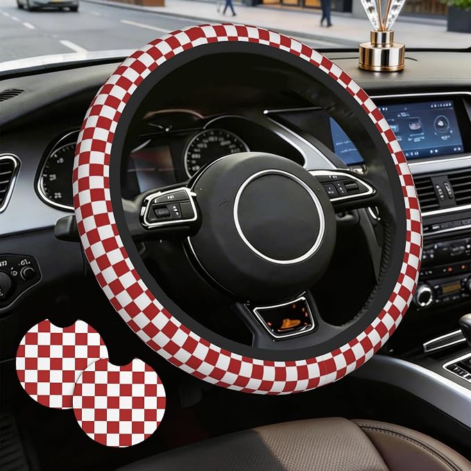 Checkered Steering Wheel Cover,Red White Checkered Universal 15" Elastic Car Steering Wheel Cover with 2 PCS Car Coasters,Anti-Slip Breathable Accessories for Auto,SUVs,Truck