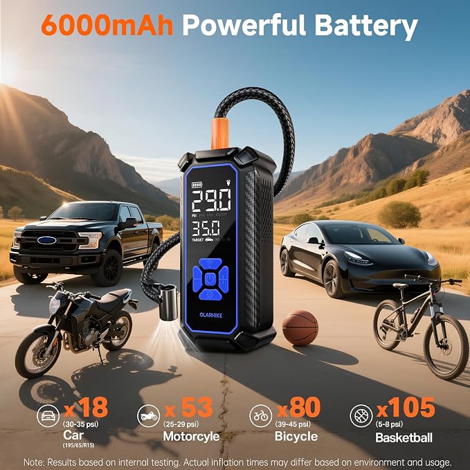 Tire Inflator Portable Air Compressor, Dual Power - 6000mAh & 12V DC, Cordless Air Pump for Car Tires, Bikes, Motorcycle, Balls with LED & Digital Pressure Gauge, Auto Shut-off