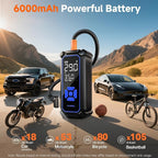 Tire Inflator Portable Air Compressor, Dual Power - 6000mAh & 12V DC, Cordless Air Pump for Car Tires, Bikes, Motorcycle, Balls with LED & Digital Pressure Gauge, Auto Shut-off