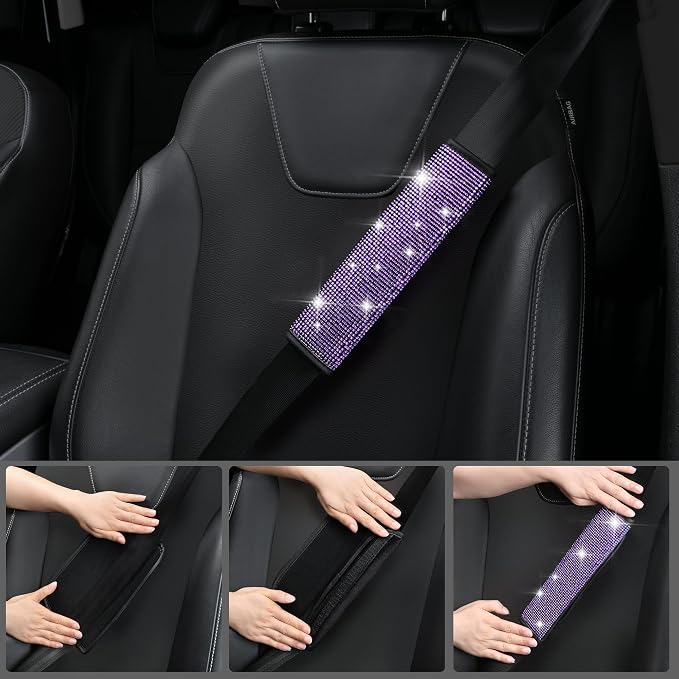 11PCS Bling Purple Car Steering Wheel Cover Set for Women, Sparkly Rhinestone Diamond Bling Seat Belt Cushion, Glitter Shift Knob Cover, Car Cup Holder Coaster, Interior Sets Violet 14.5"-15"