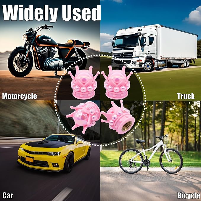 4PCS Crown Bling Tire Stem Valve Caps, Crystal Diamond Tire Air Cap Set Universal Copper Core Stem Covers for Cars, SUV, Trucks, Bikes, Motorcycles, Bicycles (Pink & Pink)