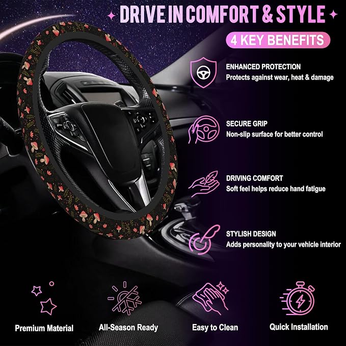 Vintage Mushroom Steering Wheel Cover for Women Men Neoprene Breathable Botanical Floral Wheel Cover Protector Anti-Slip Car Accessories Universal 15 Inch Fit for Cars Trucks Vehicles