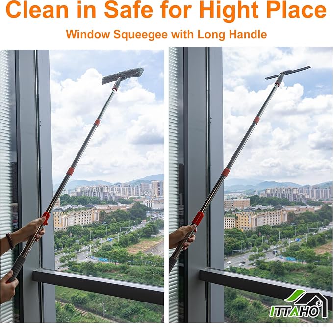 Squeegee for Window Cleaning,12" Squeegee and 11" Microfiber Scrubber Combi with Stainless Steel Pole,Extendable Window Cleaner for Car,Sliding Door,Shower Glass Door-Swivel Style-2 Pads