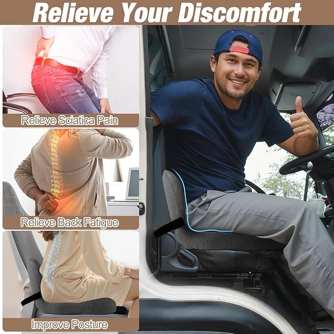 Truck Seat Cushion, Memory Foam Trucker Seat Cushion for Truck Driver Long Sitting with Adjustable Strap, Back Support and Pain Relief for Trucker Driving Office Chair and Pain, Dark Gray