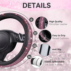 Bling Diamond Leather Steering Wheel Cover 14.5in-15in Floor Mats Shining Rhinestone Carpet Sparkly Glitter Crystal Anti-Slip Pad Fit Automotive SUV Pickup Truck Girl Women, 5pcs Black Pink