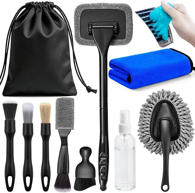 Car Interior Cleaning Kit - Windshield Cleaner Tool, 3 Graded Boar Brushes, Double Head AC Vent Shutter Brush, Towels, Duster, Car Interior Detailing Kit for RVs, Truck, Trailer