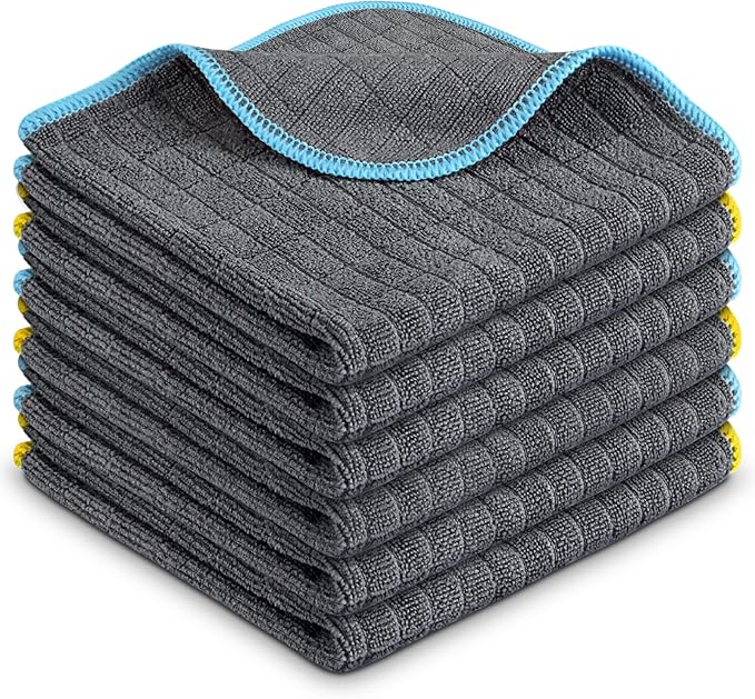 Airlab Glass Polishing Cloth Streak Free Miracle Cleaning Cloth Lint Free Microfiber Cleaning Rags for Glasses Kitchen Dish Mirrors Easy Clean, Pack of 6, 12" x 12", Grey-Light Blue
