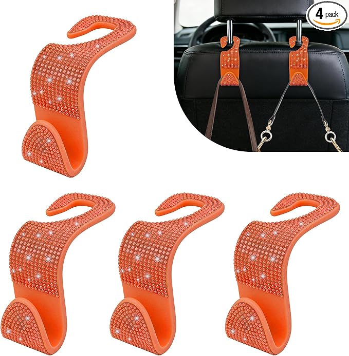 4PCS Bling Car Seat Headrest Hooks, Purse Holder for Car, Vehicle Back Seat Purse Handbag Hanging Holder with Crystal Rhinestone, Diamond Car Rear Seat Organizer for Vehicles (Orange)