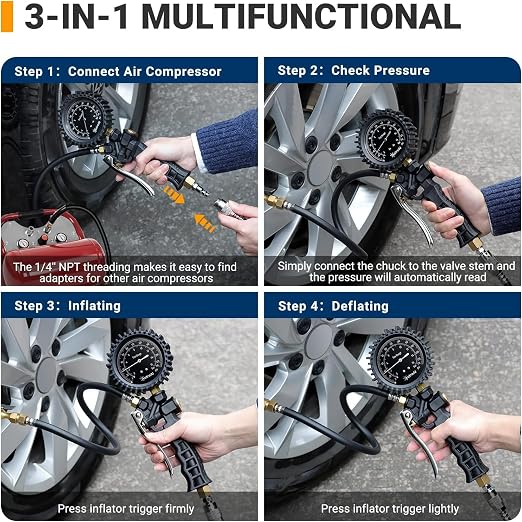 Tire Pressure Gauge with Inflator, 230 PSI Heavy Duty with Air Chuck Compressor Accessories， 360° Rotatable Dial and Air Chuck, Compatible with Bicycle/Truck/SUV/Motorcyle/RV