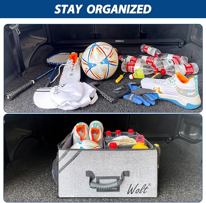 Car Trunk Organizer with Lid, Collapsible Multi Compartment SUV Organizer with Non-Slip Base Adjustable Straps