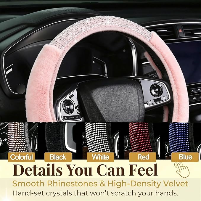 Bling Steering Wheel Cover Pink Fluffy Rhinestone for Women Girls | White Diamond Elastic Car Steering Wheel Accessories Sparkling Fur Steering Wheel Protector Warm Universal Fit 14-15 inch