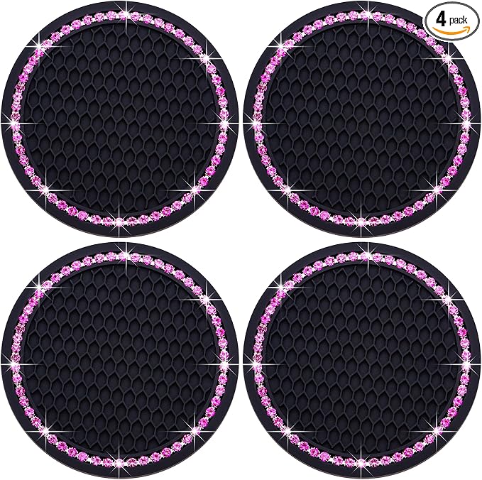 4PCS Bling Cup Holder Coaster, 2.75 Inch Auto Car Cup Holder Insert Coasters, Soft Silicone Anti-Slip Shockproof, Universal Vehicle Interior Accessories for Women Girls (Black & Pink)