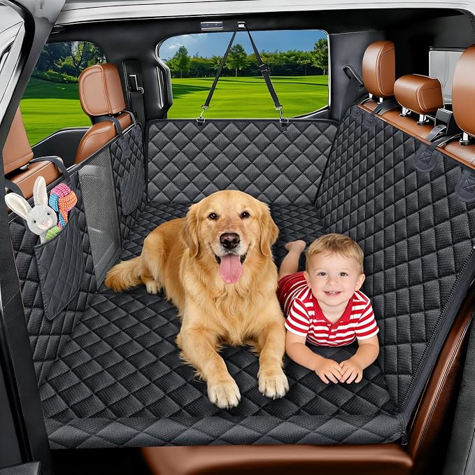 Dog Car Seat Cover for Pets Back Seat Extender for Dogs, Hard Bottom Car Seat Cover Support 420lbs Waterproof Back Seat Pet Cover for Dogs, Scratch Proof Dog Hammock for Car SUV and Truck,Universal