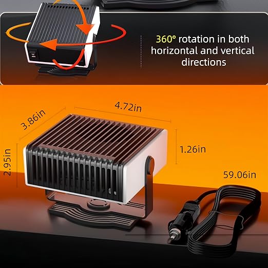 12v Car Heater, Portable Car Heater and Defroster That Plugs into Cigarette Lighter,Windshield Defogger,360°Rotary Defroster 2-in-1 Heater&Cooling Fan (Square)