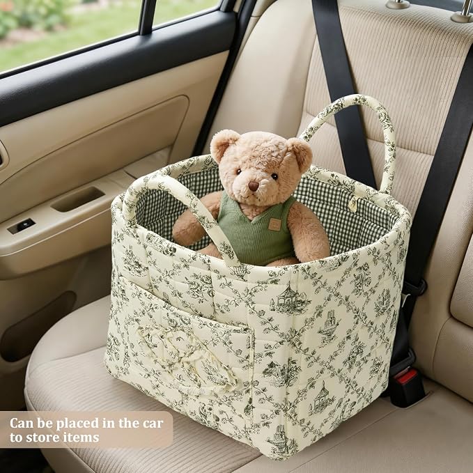 Floral Fabric Storage Basket Car Interior Storage Basket Underwear Sundries Laundry Baskets Supplies Home Organizer Bag (Green)