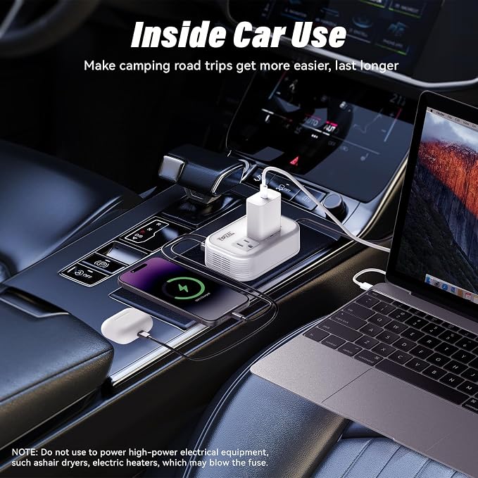 200W Car Power Inverter, 12V DC to 110V AC Car Inverte with 4 USB Ports Car Outlet Adapter, Power Inverter for Vehicles, Car Plug Adapter Outlet for Laptop Computer Charger (White)