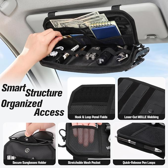 Visor Organizer, Tactical Visor Organizer | MOLLE Visor Organizer | Sun Visor Organizer | Car Visor Organizer with Sunglasses Holder | Zipper Pockets | Card Slots
