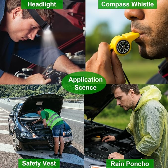 Car Emergency Kit – Roadside Safety Kit with Jumper Cables, LED Headlamp, First Aid, EVA Bag, Poncho, Safety Vest & More – Ideal for Cars, SUVs, Teen Drivers & Families