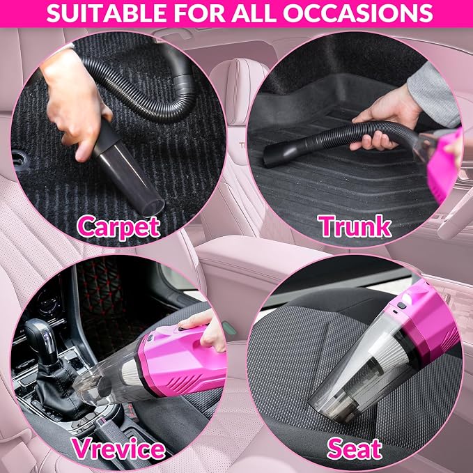 Car Cleaning Kit, Car Corded Vacuum Detailing Kit Interior with High Power Handheld Vacuum, Including 7Pcs Detailing Brush Set, Windshield Cleaner, Pink Car Accessories for Women