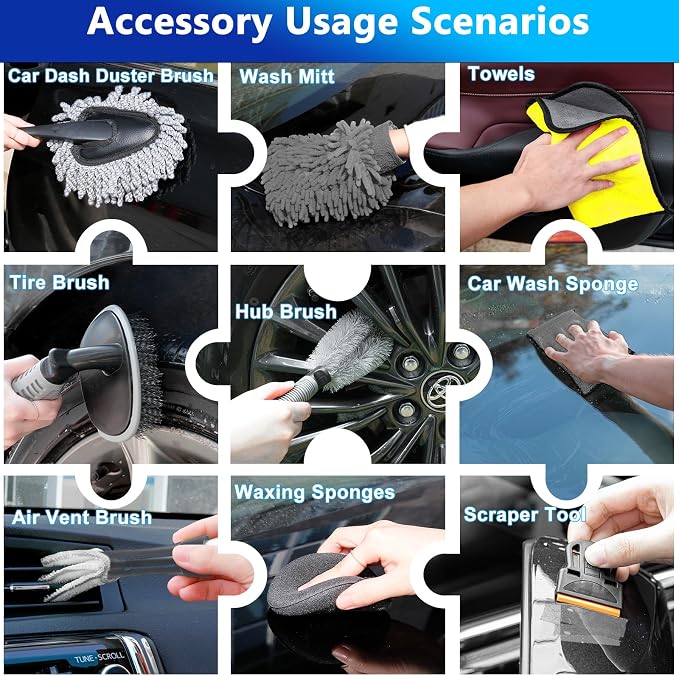 Car Wash Kit, 62'' Car Washing Brush with Long Handle, Extendable Car Wash Brush Mop with 2-in-1 Windshield Squeegee and 9Pcs Detailing Brushes, Gray Car Detailing Kit Gift for Men