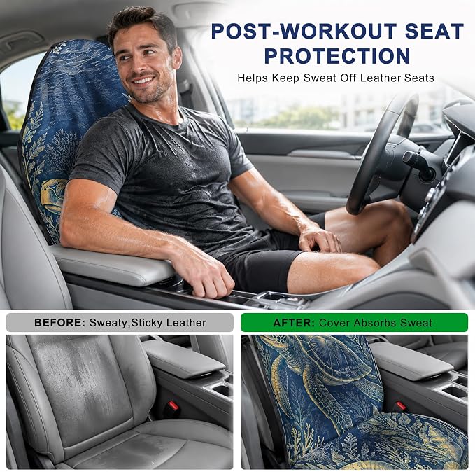 Car Seat Towel Cover 2 Pack for Front Seats, Sweat Absorbent Car Seat Protector with Non-Slip Backing, Waterproof Towel Car Seat Covers for Runners, Gym, Swimming, Beach, Vintage Sea Turtle