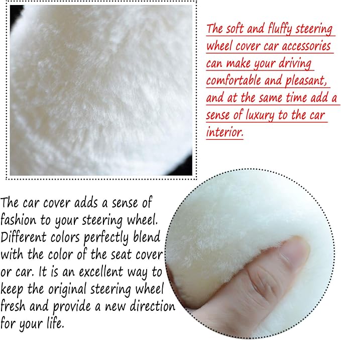 Fluffy Steering Wheel Cover for Women Fuzzy Steering Wheel Cover Winter Warm Faux Wool Plush Car Wheel Cover Furry Steering Wheel Protector Universal Fit 15 Inch (White)