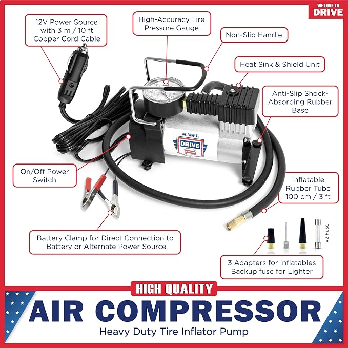 Tire Inflator Portable Air Compressor – 12V DC Air Pump for Car Tires, 150 PSI Electric Air Pump with Tyre Pressure Gauge – Corded Silver by WE LOVE TO DRIVE