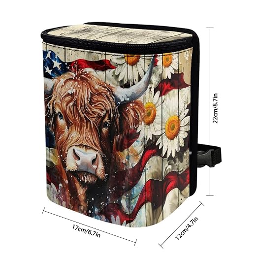Highland Cattle Daisy Print Car Trash Can with Lid, American Flag Wood Leak Proof Auto Trash Bag Hanging Vehicle Garbage Can Multipurpose Storage Container for Back Seat Road Trip