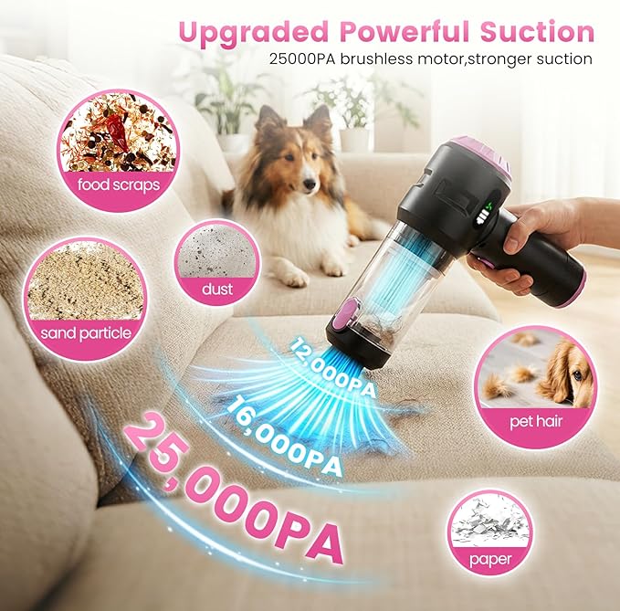 Handheld Car Vacuum Cleaner,25000PA Strong Cyclonic Suction Foldable Mini Vacuum Portable Cordless with Digital Display and One Touch Dust Removal for Car, Home, Office, Kitchen (Purple)