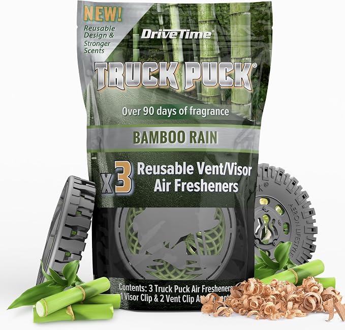 Truck Puck Bamboo Rain Fragrancee Car Air Freshener – Long-Lasting Car Deodorizer, Refillable Vent & Visor Clip Auto Air Freshener for Car, Truck & SUV, Premium Fragrance, Pack of 3