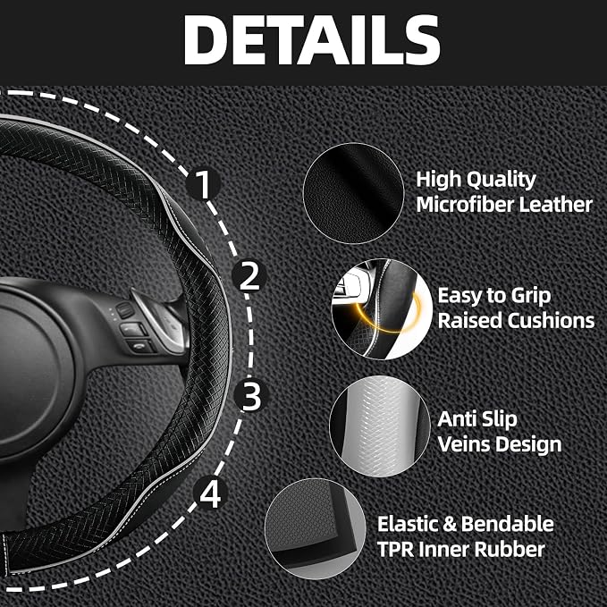 14 PCS Leather Car Seat Covers Full Set, 14.5”-15'' Sporty Steering Wheel Cover Universal, Center Console Cover, Seat Belt Cushion, Cup Holder Coaster, Car Interior Set Grey