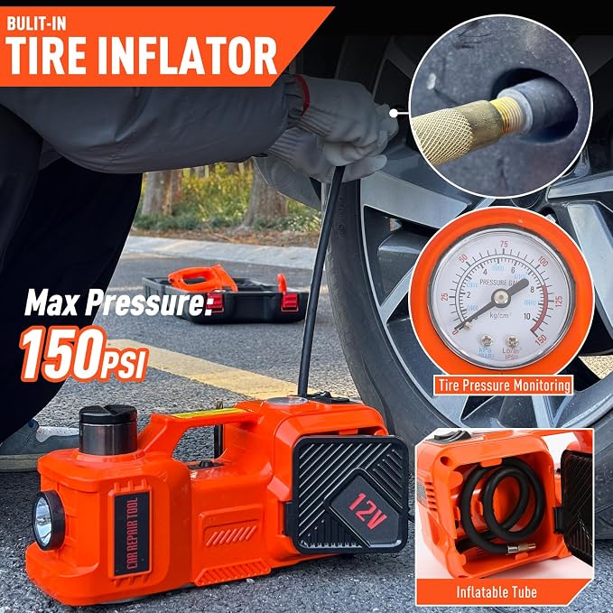 Electric Hydraulic Car Jack Kit with Impact Wrench and Tire Inflator Pump, 5 Ton 12V Hydraulic Jack for SUV Sedans Tire Change with LED Light