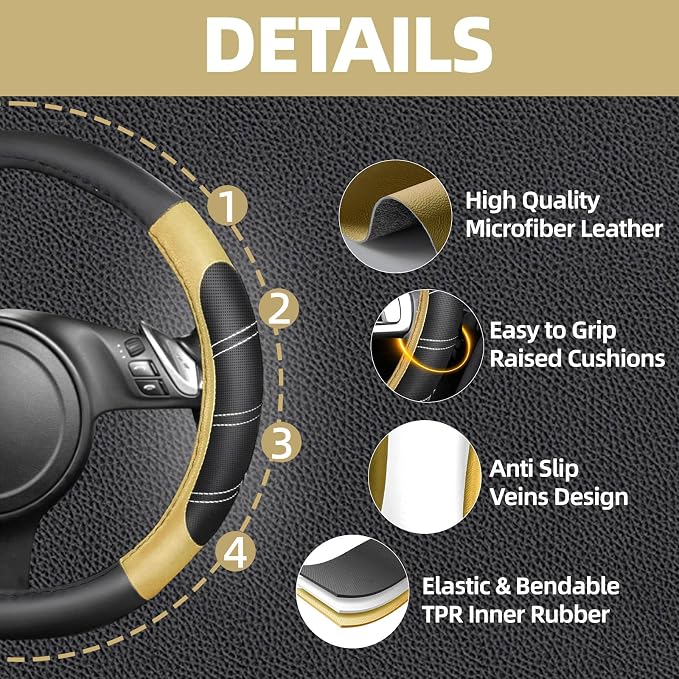 6 Pcs Beige Car Accessories Set, Sport Leather Steering Wheel Cover 14.5-15inch Universal, Microfiber Leather Car Center Console Cover, Seat Belt Cushion, Cup Holder Coaster (Black-Beige)