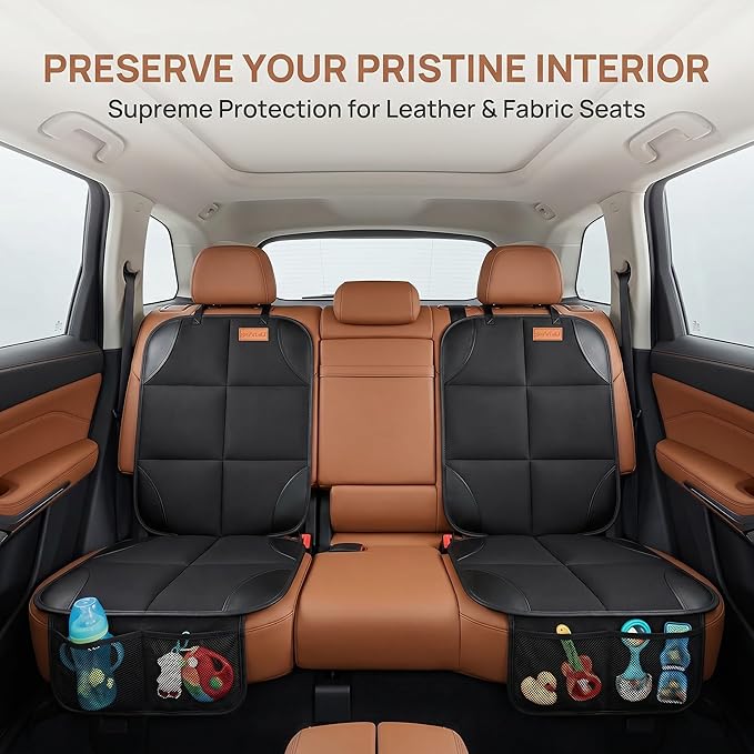 2 Pack in Gift Box Car Seat Protector, Protect Child Seats with Thickest Padding and Non-Slip Backing Mesh Pockets for Baby and Pet, Sedan SUV Truck (Black)