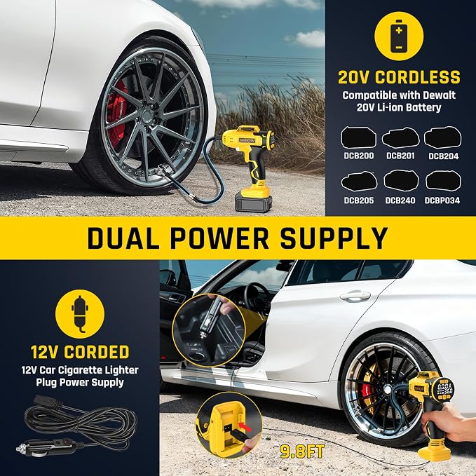 Portable Tire Inflator Air Compressor Compatible with Dewalt 20V Battery, DC 12V Car Power Supply, 160PSI Cordless Air Pump with LCD Pressure Gauge, LED Light, 5 Preset Modes for Car, Bike, Ball