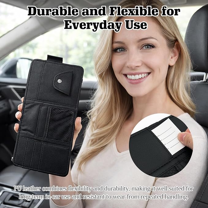 Black Car Sun Visor Organizer, 1-Pack Multi-Pocket Auto Storage Pouch for SUV and Truck, PU Leather Visor Holder with Zipper Pocket, Card Slots, Pen Loop, Sunglasses and Key Storage