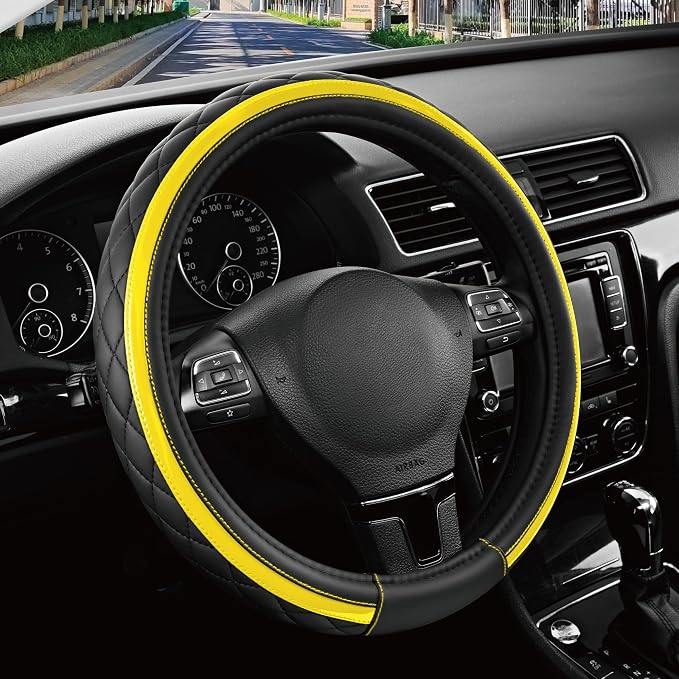 Leather Steering Wheel Cover – Black & Yellow, Universal Fit 14.5-15 Inch, Microfiber Leather, Anti-Slip & Breathable Design for Men and Women