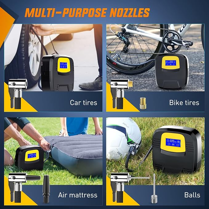 Tire Inflator Air Compressor Portable Pump for 12V DC Car Tires with Digital Pressure Gauge 150PSI Auto LED Light Cars ATVs Bicycles