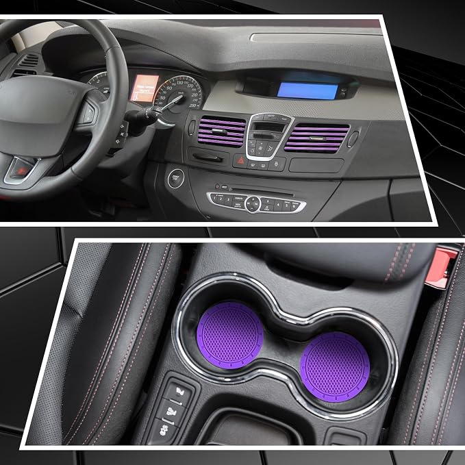 28 Pcs Car Accessories: 20 Pcs Air Conditioner Decoration Strip, 4 Non-Slip Silicone Cup Coasters, 4 Tire Valve Caps (Purple) for Most Cars, SUVs, Trucks