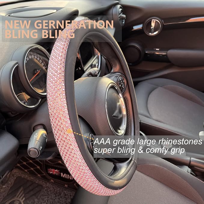 Large Size Bling Comfy Steering Wheel Cover with Jumbo Crystal Rhinestones, Anti-Slip Diamond Leather, 15.5-15.75 Inch (Pink)