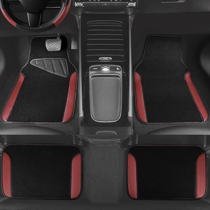 Faux Leather Steering Wheel Cover and Waterproof Car Floor Mats, Universal Car Combo Fit for 95% Sedan,SUV,Cars, 14.5-15inch Sporty Anti-Slip Safety Comfortable Design Burgundy